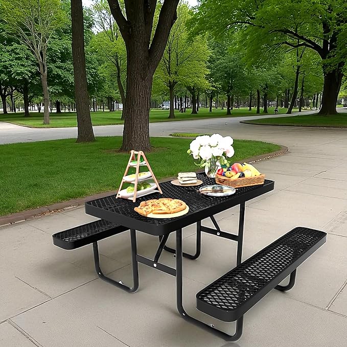 HIMcup 4 FT Metal Picnic Tables for Outside, Outdoor Coated Steel Heavy Duty Commercial Picnic Table with Benches, Patio Table Rectangular Furniture Set for Garden, Lawn, Shops, Parks
