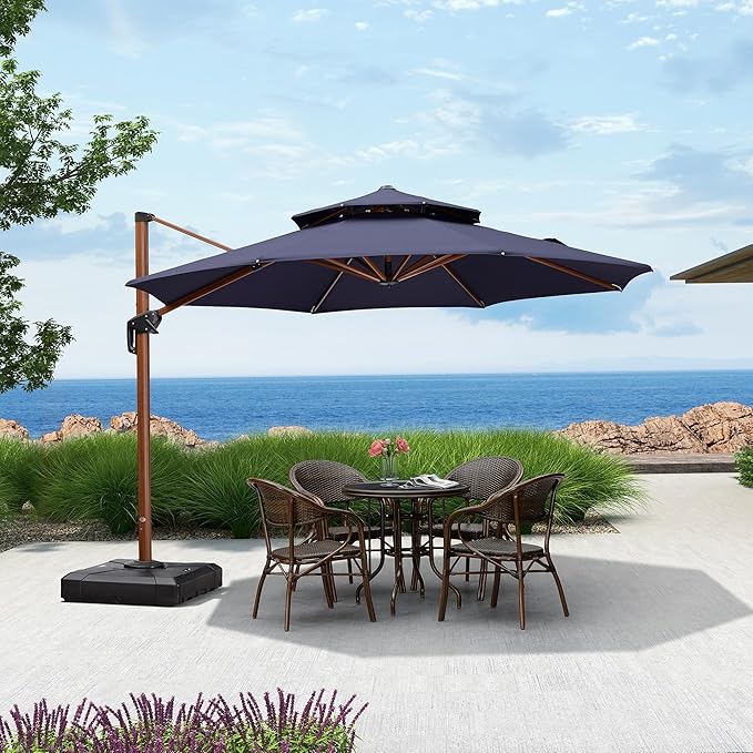 PURPLE LEAF 11ft Patio Umbrella Outdoor Round Umbrellas Large Cantilever Umbrella Windproof Offset Umbrellas Heavy Duty Sun Umbrella for Garden Deck Pool Patio, Navy Blue
