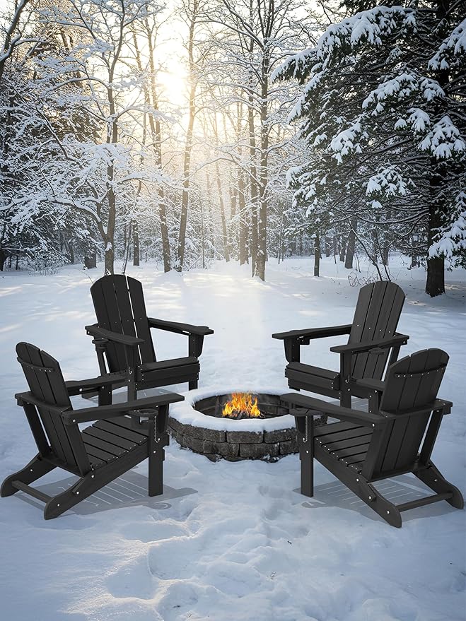 KINGYES Folding Adirondack Chair Set of 2, Dual Cup Holders & All-Weather HDPE, Wood-Like Patio Chair for Backyard, Camping, Pool & Fire Pit, Black