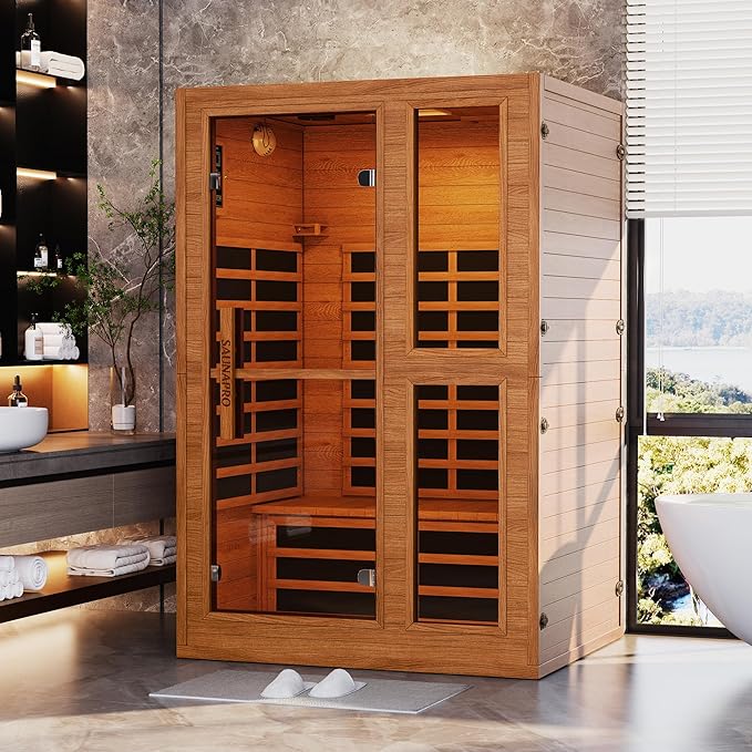 2- Person Infrared Sauna for Home, Low EMF FAR Remotely Controllable Indoor Sauna with WiFi & BT Control, Light Therapy, Wood Dry Sauna with Auto Off and Safe Flame-Retardant Material