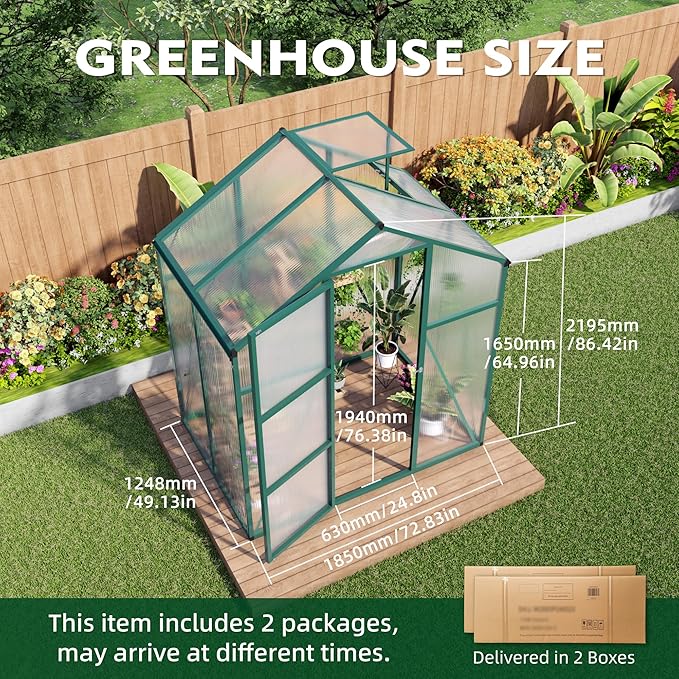 KEIKI 6x4 FT Polycarbonate Greenhouse for Outdoors, Heavy-Duty Aluminum Walk-in Greenhouse with Raised Base, Roof Vent & Drainage System, All-Season Garden Greenhouse, Green