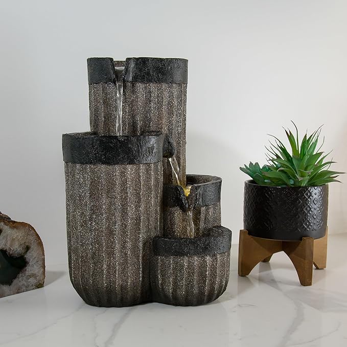 Alpine Corporation WIN1372 14" Tall Cascading Tabletop Fountain with LED Lights – Decorative Indoor Water Feature for Desk, Patio, and Home Décor, Gray