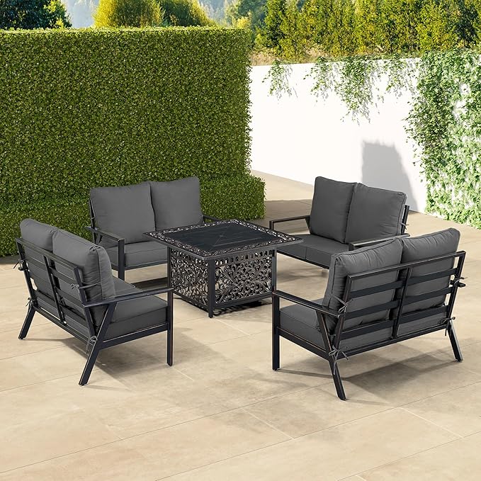 Oakland Living Black Aluminum Patio Fire Table Set with Four Deep Seating Loveseats with Cushions with Black Cushions