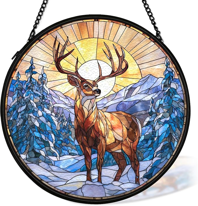 cvjutf Winter Wonderland Christmas Deer Suncatcher Stained Glass Window Hanging Decorstions, Landscape Stained Glass Wall Decor, Winter Solstice Gifts, Forest Garden Sun Catchers Window Art, 7.9x7.9In