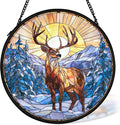 cvjutf Winter Wonderland Christmas Deer Suncatcher Stained Glass Window Hanging Decorstions, Landscape Stained Glass Wall Decor, Winter Solstice Gifts, Forest Garden Sun Catchers Window Art, 7.9x7.9In