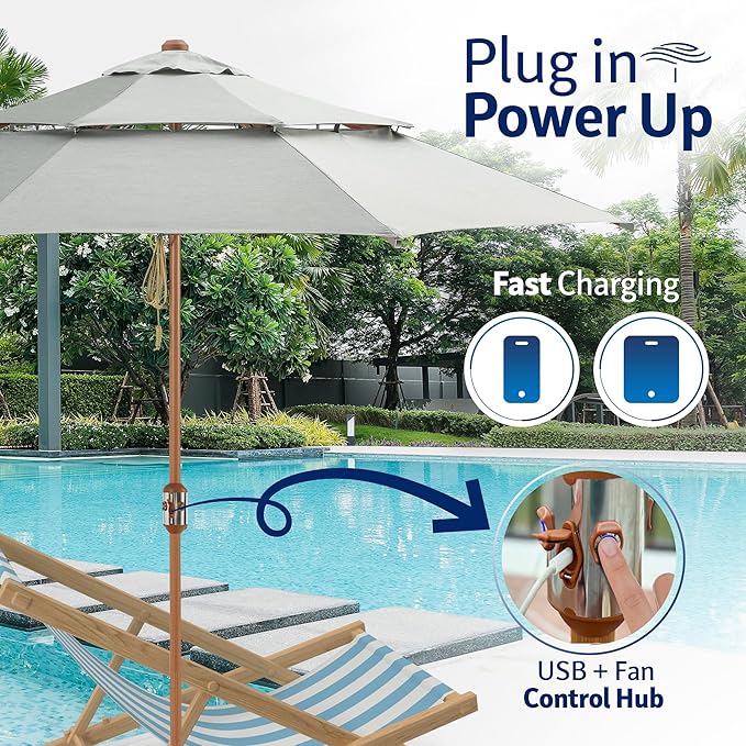 Alizé 10 ft Patio Umbrella with Built in Cooling Fans USB Ports | Windproof Table Umbrella for outdoor patio with UPF 50+ UV Protective Fabric | Waterproof, Non Fading, Premium Deck and Pool Shade