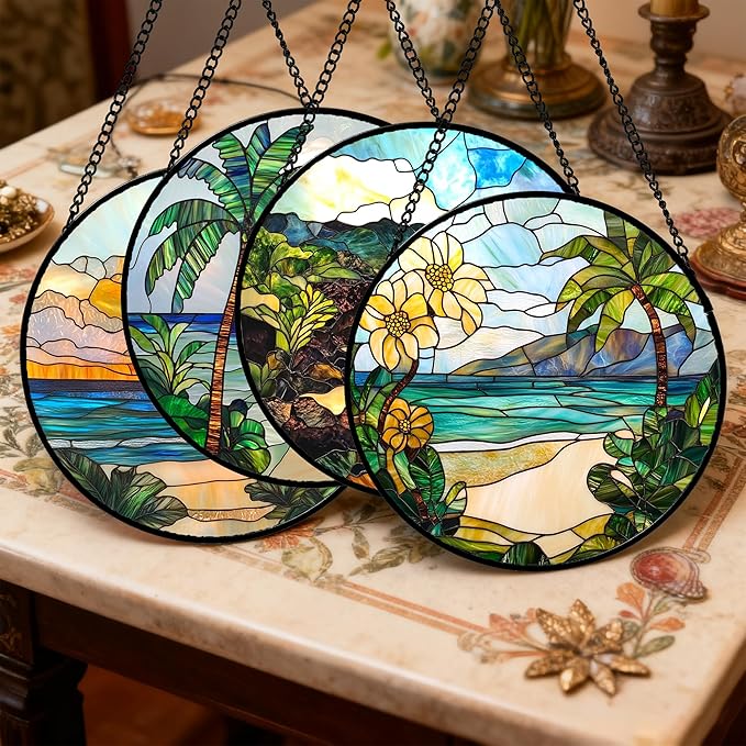 DASTOLL Stained Glass Window Hanging 4 Pcs Set Blue Ocean Coconut Tree Scenery 6.3" - Suncatcher Door Garden Sun Catcher Decor Birthday Christmas for Mom Woman Nana Men