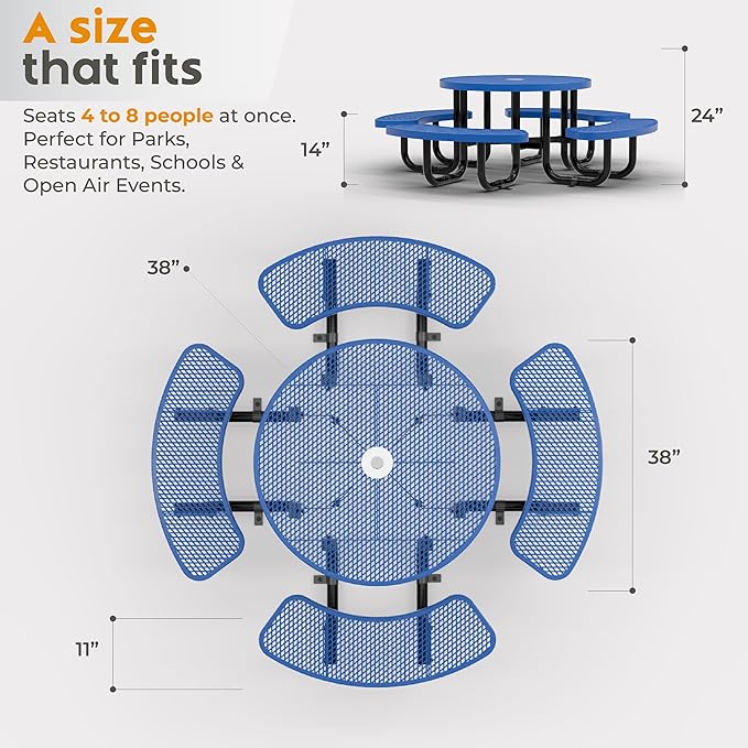 OUTTANS Round Metal Picnic Tables for Kids for Outdoors with Umbrella Hole, Adjustable Seats for School, Park, Playground(Blue, 38 in, Kids, Expanded Steel)