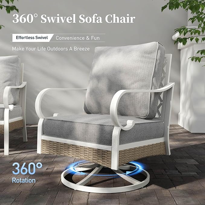 SUNSHINE VALLEY 4 PCS Metal Outdoor Patio Furniture Set, Patio Conversation Sets 1 3-Seater Sofa, 2 Swivel Chairs with 5.75" Extra Thick Cushion and Coffee Table, White Frame Backyard Furniture, Gray