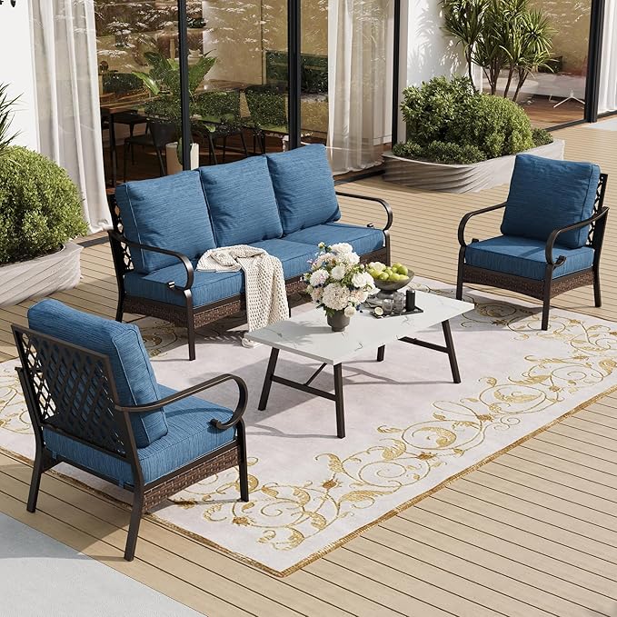 SUNSHINE VALLEY 4 Piece Metal Outdoor Patio Furniture Set, Patio Conversation Sets 1 3-Seater Sofa, 2 Chairs with 5.75" Extra Thick Cushion and Coffee Table, Black Frame Backyard Furniture, Blue-2
