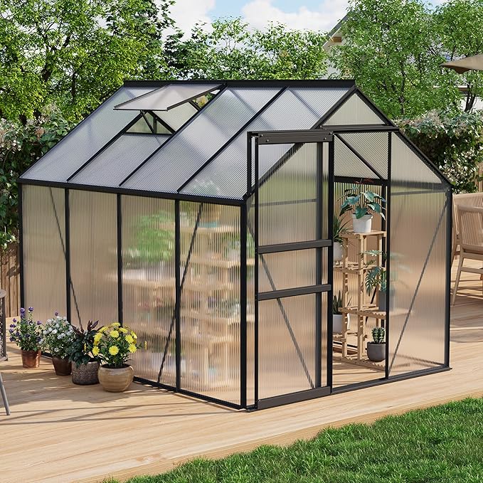 Garvee 6 x 8 FT Outdoor Greenhouse, Polycarbonate Greenhouses with Aluminum Frame, Sliding Door, Adjustable Roof Vent for Backyard, Green Houses for Outside Garden Backyard, Patio, Black