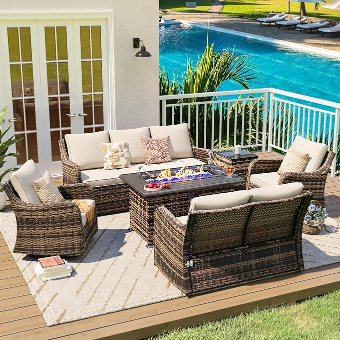 MEISSALIVVE 6 Pieces Patio Furniture Set with 43" Fire Pit Table, Wicker Patio Conversation Set with Swivel Rocking Chairs, Outdoor Patio Set for Lawn Backyard Porch (Brown)