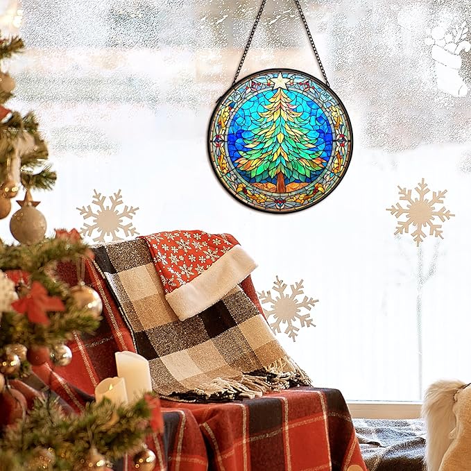 cvjutf Christmas Tree Suncatcher Stained Glass Window Hanging Decor, Winter Xmas Tree Stained Glass Wall Decor, Christmas Garden Sun Catchers Indoor Window Hanging Wall Art Lawn, 7.9x7.9 Inch