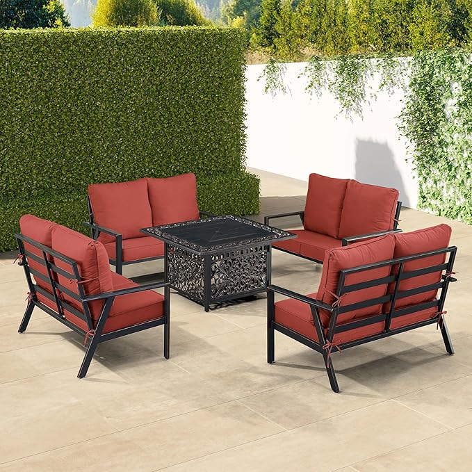 Oakland Living Black Aluminum Patio Fire Table Set with Four Deep Seating Loveseats with Cushions with Red Cushions
