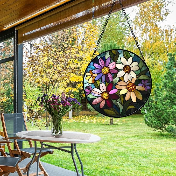 CRISGIF Stained Glass Window Hanging - Colorful Daisies Suncatcher for Door Garden Patio Retro Flower Sun Catchers Decor Christmas Mother's Day Birthday Gifts for Women Mom Nana Aunt Friend 11.8 in
