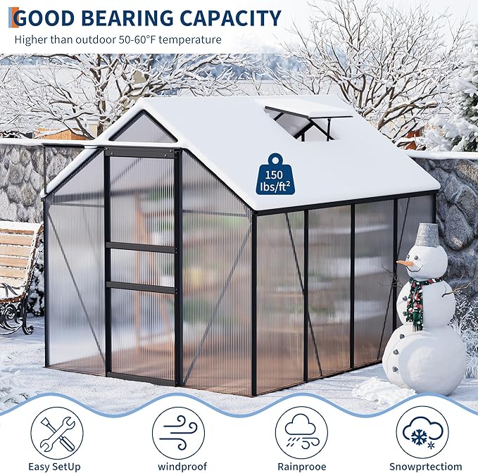 Garvee 6 x 8 FT Outdoor Greenhouse, Polycarbonate Greenhouses with Aluminum Frame, Sliding Door, Adjustable Roof Vent for Backyard, Green Houses for Outside Garden Backyard, Patio, Black