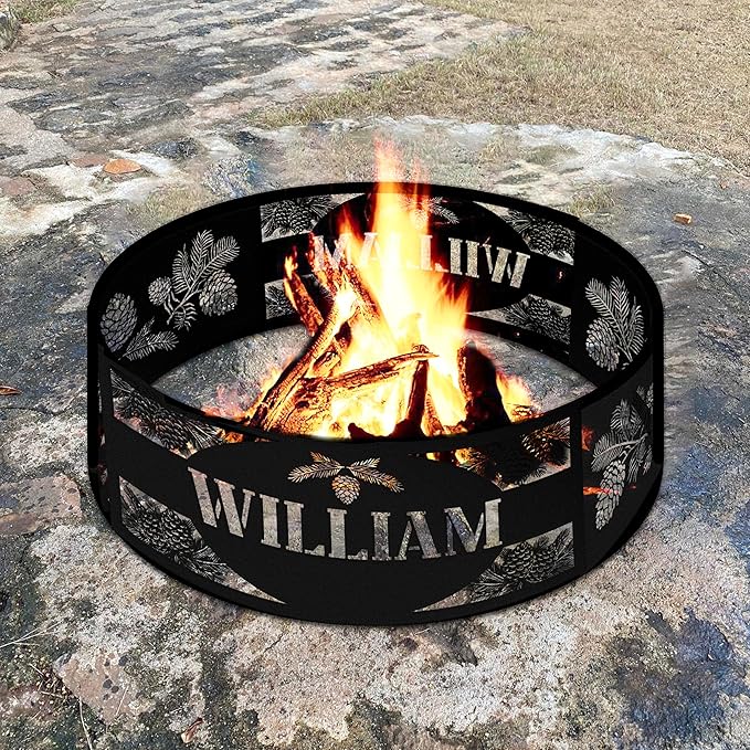 Personalized Fire Pit Ring Pine Bough Custom Name Rustic Metal Campfire Ring 360 Degree Fire Pit Outdoor BBQs Backyard Camping Garden Decor for Father Dads