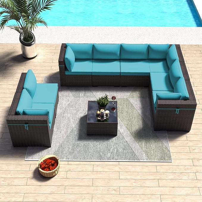 Outdoor Patio Furniture Set, 9 Pieces Outdoor Sectional Furniture Patio Sofa, All-Weather PE Rattan Patio Conversation Set with Tempered Glass Top Table & Cushions(Teal).