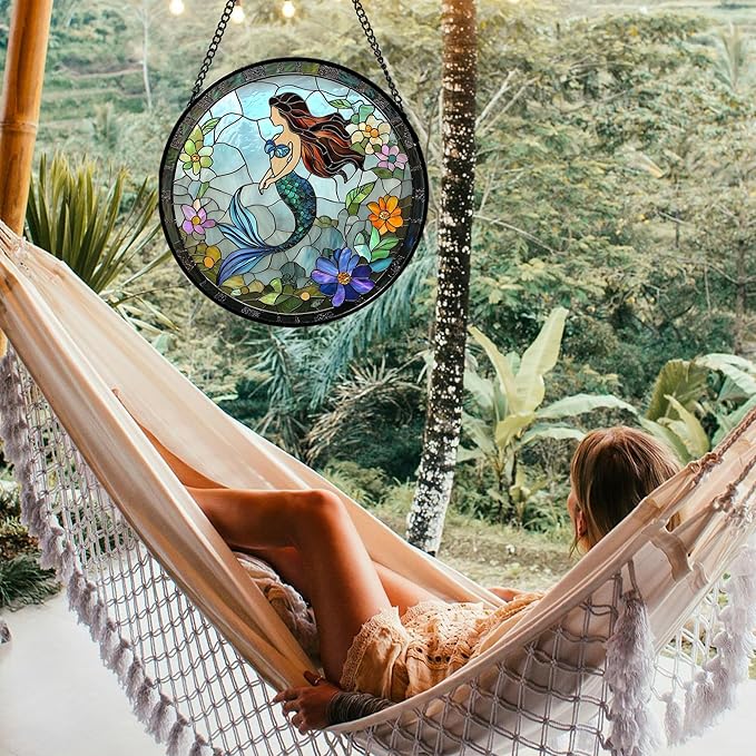 JOSUMALY Stained Glass Window Hanging - Light Blue Mermaid Suncatcher for Door Terrace Garden Home Decor, Ocean Flowers Sun Catcher Birthday Gifts for Lovers Women Men Dad Mom Nana 9.8 in