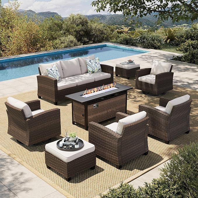 HERA'S HOUSE Swivel Glider Patio Furniture Set with Fire Pit, Outdoor Wicker Conversation Sets, 8 Pieces Deep Seat Rattan Sofa Sets with Cushions for Deck Backyard Lawn, Beige/Brown