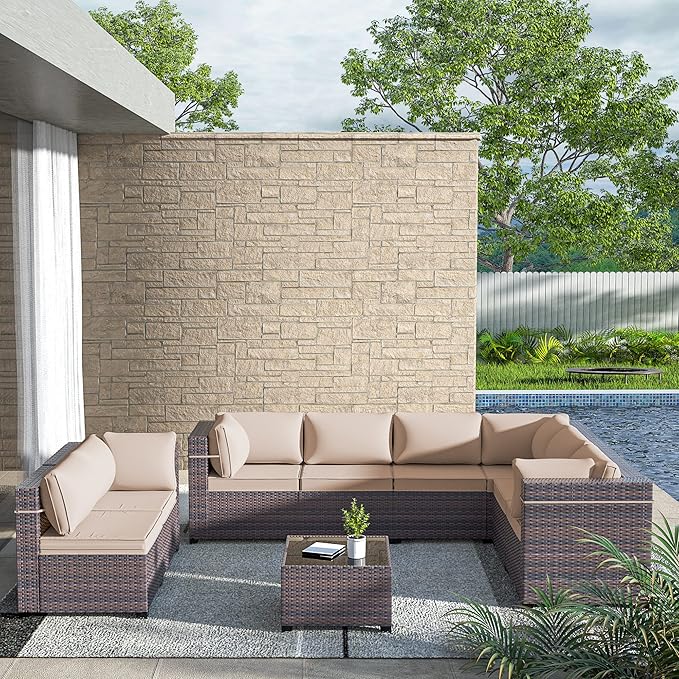 Outdoor Patio Furniture Set, 9 Pieces Outdoor Sectional Furniture Patio Set, All-Weather PE Rattan Patio Conversation Set with Tempered Glass Top Table & Cushions(Brown).