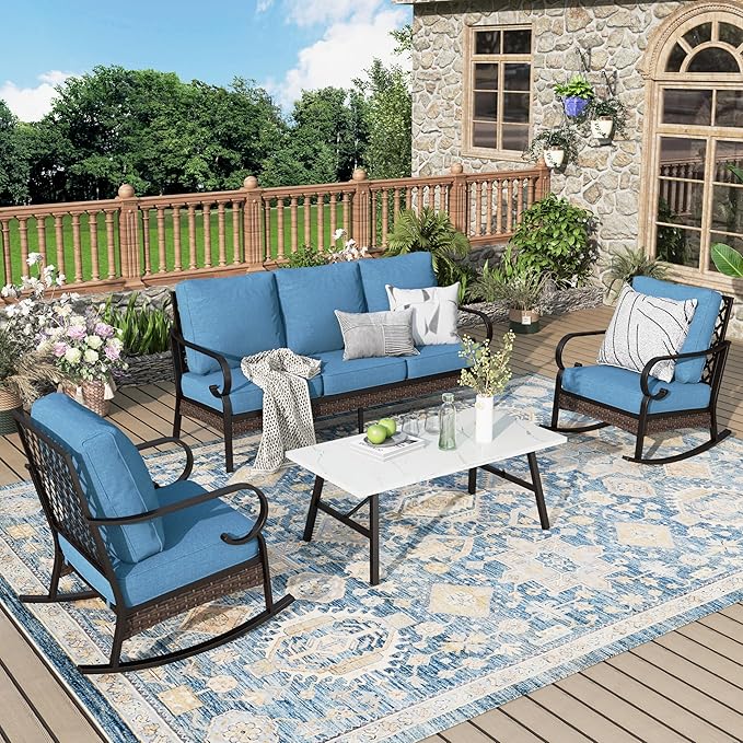 Patio Furniture Set with Coffee Table, Outdoor Conversation Set with 2 x Rocking Chairs, 1 x 3-Seat Sofa for Lawn Garden Backyard, Navy Blue