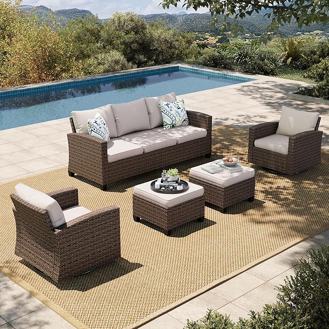 HERA'S HOUSE Wicker Patio Furniture Set with Swivel Glide Chairs, 5 Pieces Outdoor Conversation Sofa Sets with Cushions for Deck Lawn Backyard, Beige