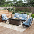 Patio Furniture Set with 56" Fire Pit Table, Premium Outdoor Wicker Metal Frame Furniture with Upgraded Waterproof Thick Cushions for Porch, Poolside, Deck, and Yard （4 Pieces,Blue）