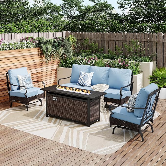 Patio Furniture Set with 56" Fire Pit Table, Premium Outdoor Wicker Metal Frame Furniture with Upgraded Waterproof Thick Cushions for Porch, Poolside, Deck, and Yard （4 Pieces,Blue）