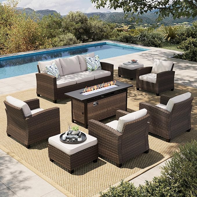 HERA'S HOUSE Patio Furniture Set, Outdoor Wicker Furniture with Fire Pit, 8 Pieces Deep Seating Outdoor Conversation Sofa Sets with Thick Cushions for Deck Backyard Lawn, Beige