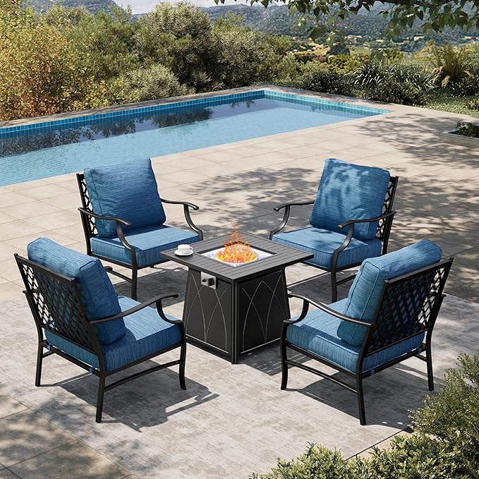 HERA'S HOUSE 5 Pieces Patio Furniture Set with Fire Pit Table, 4 x Thick Cushioned Chairs, 1 x Fire Pit Table (50,000 BTU), All Weather Outdoor Conversation Set for Garden Backyard Lawn, Pacific Blue