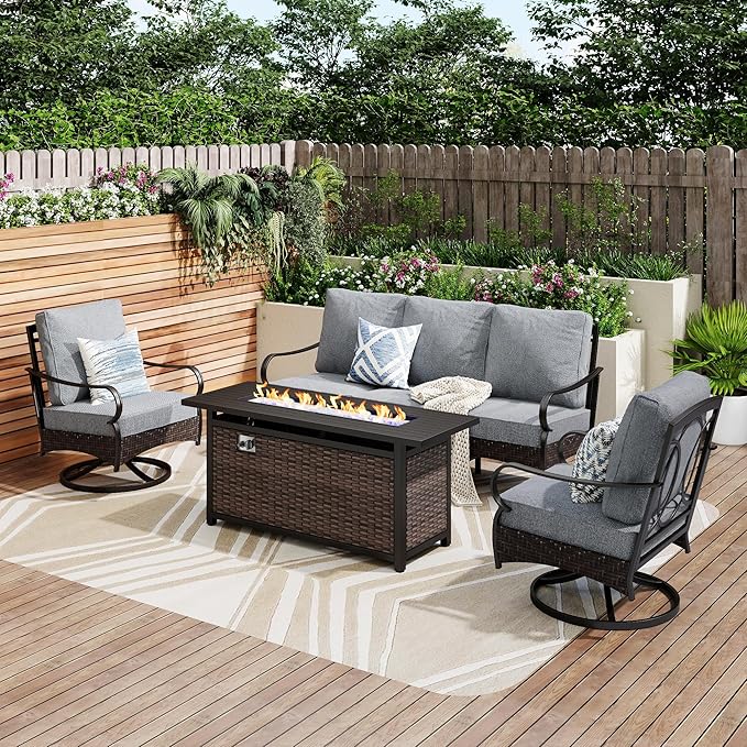 PHI VILLA Patio Furniture Set with 56" Fire Pit Table, Premium Outdoor Wicker Metal Frame Furniture with Upgraded Waterproof Thick Cushions for Porch, Poolside, Deck, and Yard （4 Pieces, Grey