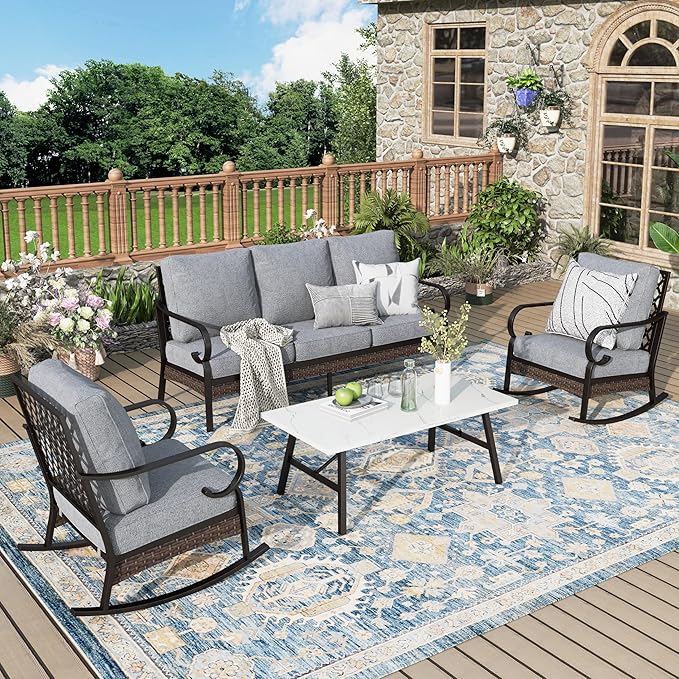 Patio Furniture Set with Coffee Table, Outdoor Conversation Set with 2 x Rocking Chairs, 1 x 3-Seat Sofa for Lawn Garden Backyard, Grey
