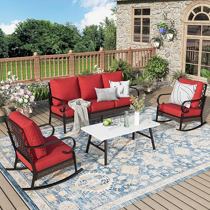 Patio Furniture Set with Coffee Table, Outdoor Conversation Set with 2 x Rocking Chairs, 1 x 3-Seat Sofa for Lawn Garden Backyard, Red