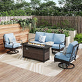 PHI VILLA Patio Furniture Set with 56" Fire Pit Table, Premium Outdoor Wicker Metal Frame Furniture with Upgraded Waterproof Thick Cushions for Porch, Poolside, Deck, and Yard （4 Pieces,Blue）