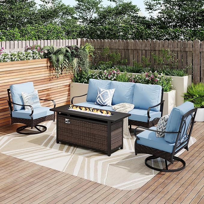PHI VILLA Patio Furniture Set with 56" Fire Pit Table, Premium Outdoor Wicker Metal Frame Furniture with Upgraded Waterproof Thick Cushions for Porch, Poolside, Deck, and Yard （4 Pieces,Blue）