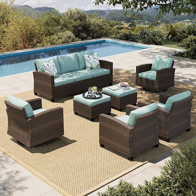HERA'S HOUSE Patio Furniture Set with Swivel Glide Chairs, Outdoor Sectional Sofa Set, 7 Pieces Patio Conversation Sets for Lawn Backyard Deck, Brown/Blue