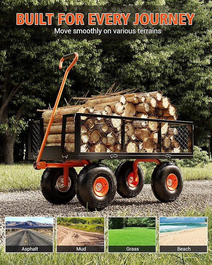 GarveeLife Heavy Duty Steel Garden Cart, 900 LBS Capacity 3 in 1 Pullable Garden Wagon with 10 in Wheels, for Gardening Soil, Tools, and Plant Transport
