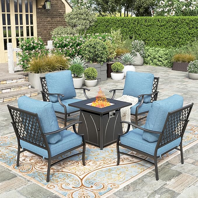 HERA'S HOUSE 5 Pieces Patio Furniture Set with Fire Pit Table, 4 x Thick Cushioned Chairs, 1 x Fire Pit Table (50,000 BTU), All Weather Outdoor Conversation Set for Garden, Backyard, Lawn, Navy Blue