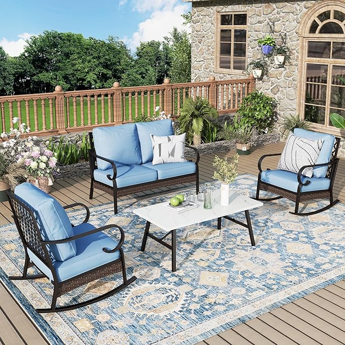 Patio Furniture Set with Coffee Table, Outdoor Conversation Set with 2 x Rocking Chair, 1 x 2-Seat Sofa for Lawn Garden Backyard, Blue
