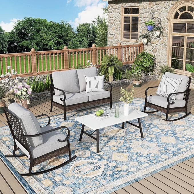 Patio Furniture Set with Coffee Table, Outdoor Conversation Set with 2 x Rocking Chair, 1 x 2-Seat Sofa for Lawn Garden Backyard, Light Grey
