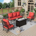 Patio Furniture Set, 4 Pcs Metal Outdoor Conversation Set, 2 Rocking Chairs and 3 Seater Sofa with 5.75" Extra Thick Cushion and Gas Fire Pit Table for Backyard Deck, Red