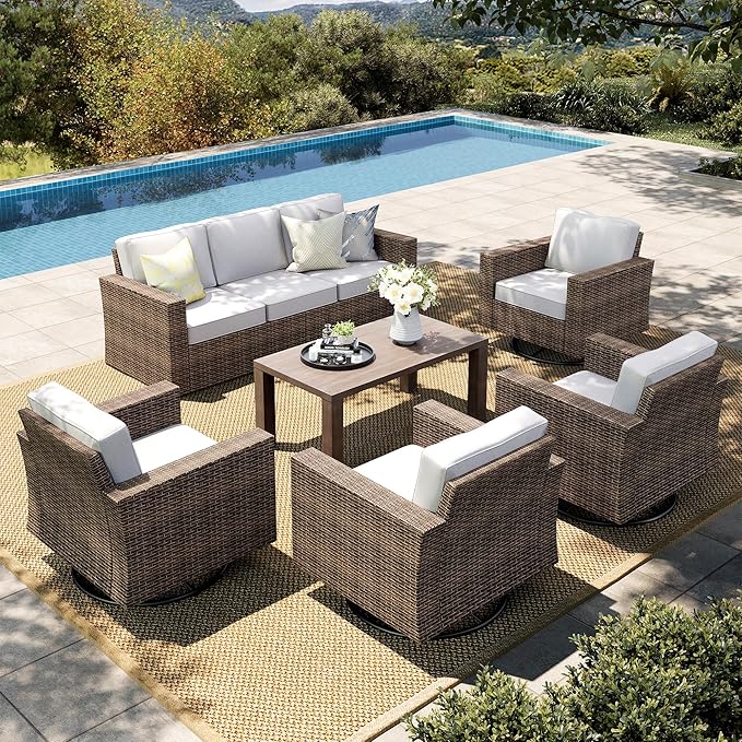 HERA'S HOUSE Swivel Glide Patio Furniture Conversation Set, Outdoor Wicker Chairs with 4.92" Widened Armrest, 6 Pieces Deep Seating Rattan Sofa with 5.5" Gray Cushions for Deck Garden Yard