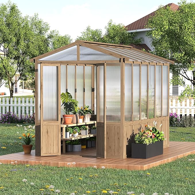 8x10FT Wooden Greenhouse with Cedar Frame, Outdoor Wood Greenhouses with Roof Vent, Wood and Polycarbonate Walk-in Greenhouse