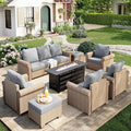 Patio Furniture Set 8 pcs, Wicker Outdoor Patio Furniture, 3-Seat Sofa, 4 Single Chairs, 2 Ottomans and 56" Gas Fire Pit Table, Rattan Patio Conversation Set for Backyard Deck, Grey