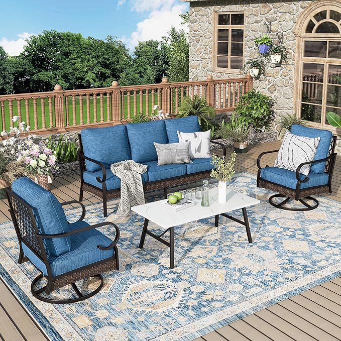 Patio Furniture Set with Coffee Table, Outdoor Conversation Set with 2 x Swivel Chairs, 1 x 3-Seat Sofa for Lawn Garden Backyard, Pacific Blue