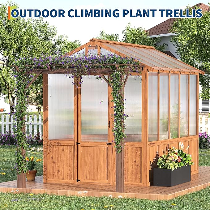 8X13ft Greenhouse Kit with Pergola, Wooden Walk-in Green House with Cedar Frame, Greenhouse Kit with 6mm Thick Polycarbonate Panel