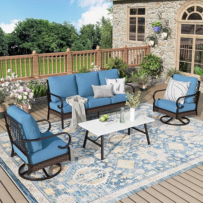 Patio Furniture Set with Coffee Table, Outdoor Conversation Set with 2 x Swivel Chairs, 1 x 3-Seat Sofa for Lawn Garden Backyard, Navy Blue