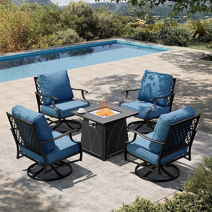HERA'S HOUSE 5 Pieces Fire Pit Patio Furniture Set, 4 x Thick Cushioned Swivel Chairs with 28" Fire Pit Table (50,000 BTU), Outdoor Conversation Set for Garden Backyard Lawn, Pacific Blue