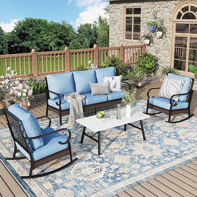 Patio Furniture Set with Coffee Table, Outdoor Conversation Set with 2 x Rocking Chairs, 1 x 3-Seat Sofa for Lawn Garden Backyard, Blue